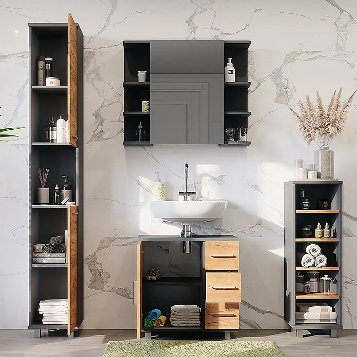 Vicco Badmöbel-Set Ilias Anthrazit/Goldkraft Eiche 4 Teile - Anthrazit, Matt - Modernes Badmöbelset in Dunkelgrau und hellem Holz mit Waschtisch, Spiegelschrank und Aufbewahrungseinheiten.