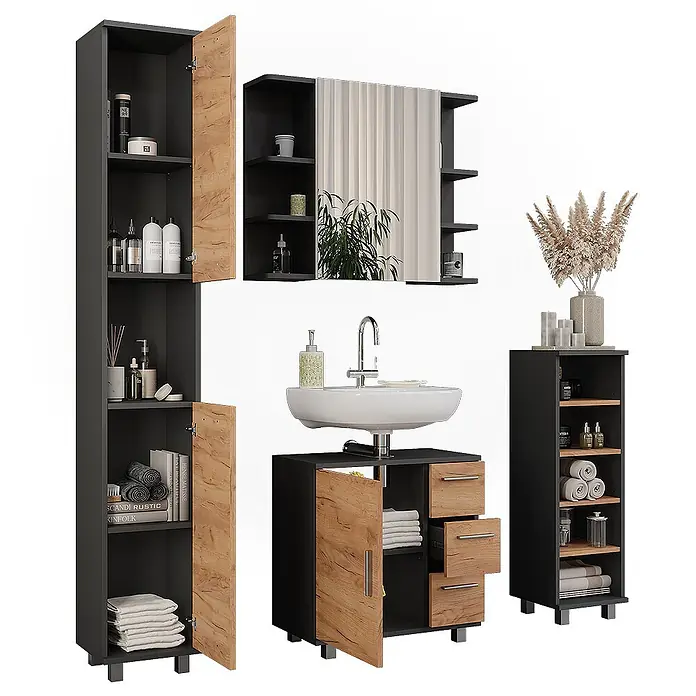 Vicco Badmöbel-Set Ilias Anthrazit/Goldkraft Eiche 4 Teile - Anthrazit, Matt - Badmöbelset in Dunkelgrau und Holzoptik, bestehend aus Hochschrank, Waschtisch mit Waschbecken, Spiegelschrank und offenem Regal.