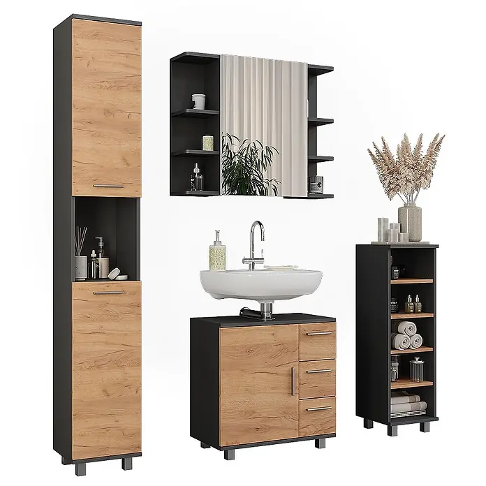 Vicco Badmöbel-Set Ilias Anthrazit/Goldkraft Eiche 4 Teile - Anthrazit, Matt - Badezimmermöbel-Set in Dunkelgrau und hellem Holz, mit Hochschrank, Waschtischunterschrank, Spiegelschrank und kleinem Aufbewahrungsschrank.
