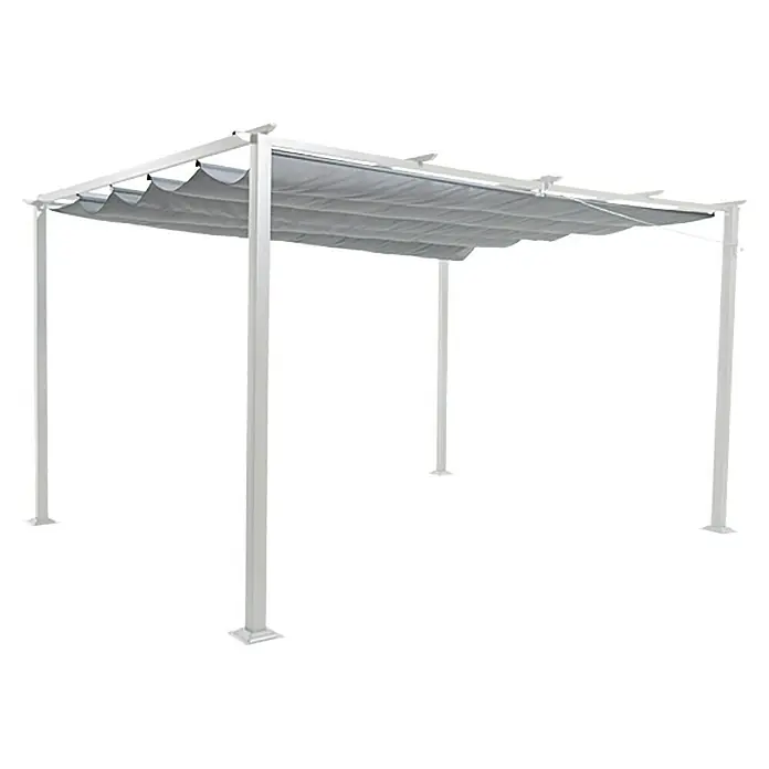Sunfun Jakarta Pérgola con toldo corredero - An x Pr: 400 x 300 cm, Color del techo: Gris, Color del armazón: Blanco - Imagen de una pérgola de jardín blanca moderna con un toldo parasol retráctil gris, ideal para exteriores.