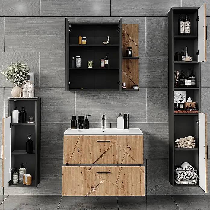 Vicco Badmöbel-Set Irma Anthrazit/Artisan 5 Teile - Anthrazit, Matt - Modernes Badezimmerset mit hellem Holzwaschtischschrank im geometrischen Muster und dunkelgrauen Wand-/Seitenregalen.