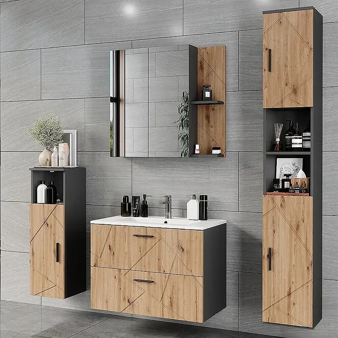 Vicco Badmöbel-Set Irma Anthrazit/Artisan 5 Teile - Anthrazit, Matt - Modernes Badmöbel-Set in Holzoptik mit geometrischem Muster und dunkelgrauen Akzenten, bestehend aus Waschtisch, Hochschrank und Beistellschrank.