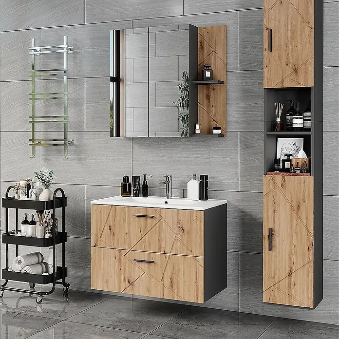 Vicco Badmöbel-Set Irma Anthrazit/Artisan 4 Teile - Anthrazit, Matt - Modernes Badezimmermöbelset mit Waschtisch in Holzoptik und Dunkelgrau, weißem Waschbecken, passendem Hochschrank und Spiegel mit offenen Regalen.