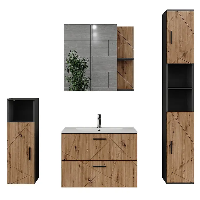 Vicco Badmöbel-Set Irma Anthrazit/Artisan 5 Teile - Anthrazit, Matt - Modernes Badmöbelset: dunkles Holz mit geometrischem Muster, schwarze Rahmen, weißes Waschbecken, Spiegelschrank, Hochschrank und Unterschrank.