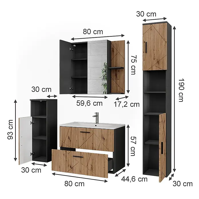 Vicco Badmöbel-Set Irma Anthrazit/Artisan 5 Teile - Anthrazit, Matt - Badezimmermöbelset in Dunkelgrau und Holzoptik, bestehend aus Spiegelschrank, Waschtischunterschrank und hohen/niedrigen Aufbewahrungsschränken mit Maßen.