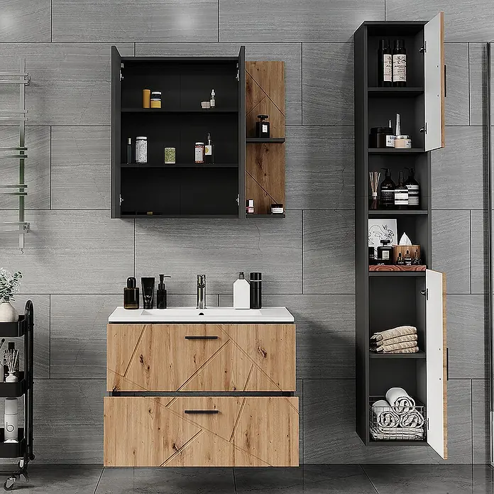 Vicco Badmöbel-Set Irma Anthrazit/Artisan 4 Teile - Anthrazit, Matt - Badezimmermöbel-Set mit holzfarbenem Waschtisch, grauem Spiegelschrank und hohem Badschrank mit geometrischem Muster.