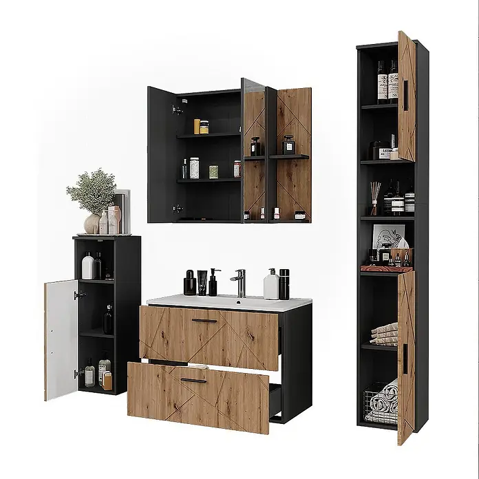 Vicco Badmöbel-Set Irma Anthrazit/Artisan 5 Teile - Anthrazit, Matt - Badezimmermöbel-Set: dunkelgrauer und Holz-Effekt Waschtisch mit Waschbecken, Wandschrank, Hochschrank und Beistellschrank.