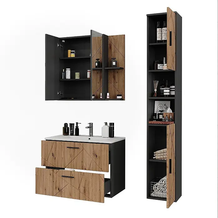 Vicco Badmöbel-Set Irma Anthrazit/Artisan 4 Teile - Anthrazit, Matt - Modernes dunkelgraues & holzfarbenes Badmöbelset mit geometrischem Muster: Waschtisch, Spiegelschrank, Hochschrank.