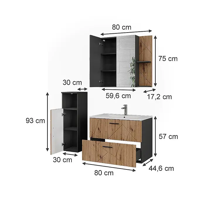 Vicco Badmöbel-Set Irma Anthrazit/Artisan 4 Teile - Anthrazit, Matt - Modernes Badmöbel-Set mit dunkelgrauen Rahmen und hellen Holzfronten. Bestehend aus Waschtisch mit Waschbecken, Spiegelschrank und Hochschrank.