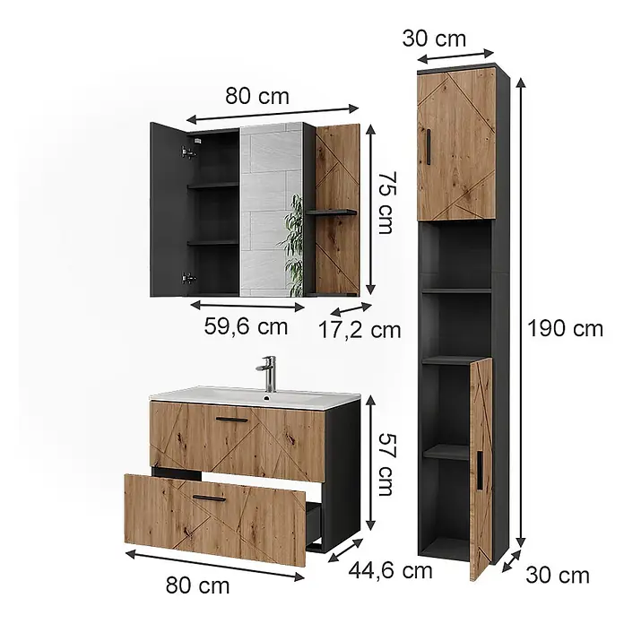 Vicco Badmöbel-Set Irma Anthrazit/Artisan 4 Teile - Anthrazit, Matt - Badezimmermöbel-Set: Waschtisch mit Waschbecken, Spiegelschrank und Hochschrank in Dunkelgrau und Holzoptik mit geometrischem Muster.