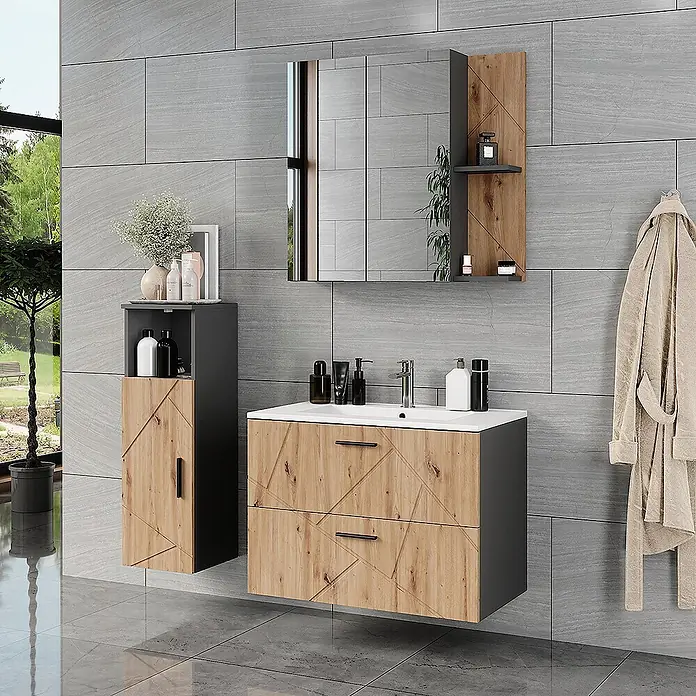 Vicco Badmöbel-Set Irma Anthrazit/Artisan 4 Teile - Anthrazit, Matt - Modernes Badmöbel-Set mit Holzmaserungsfronten und anthrazitfarbenen Akzenten, inklusive Waschtisch-, Seiten- und Spiegelschrank.