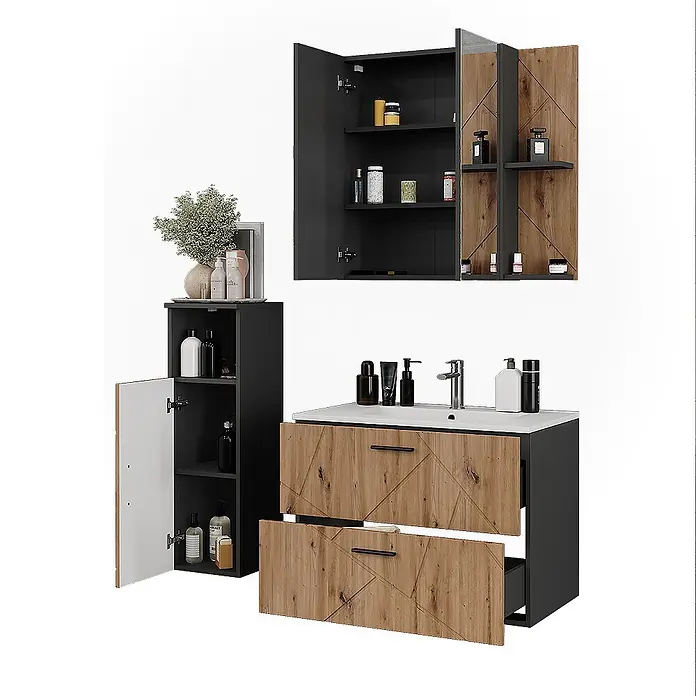 Vicco Badmöbel-Set Irma Anthrazit/Artisan 4 Teile - Anthrazit, Matt - Modernes Badmöbelset mit dunkelgrauen Rahmen und hellen Holzfronten: Waschtisch, Hochschrank und Hängeschrank.