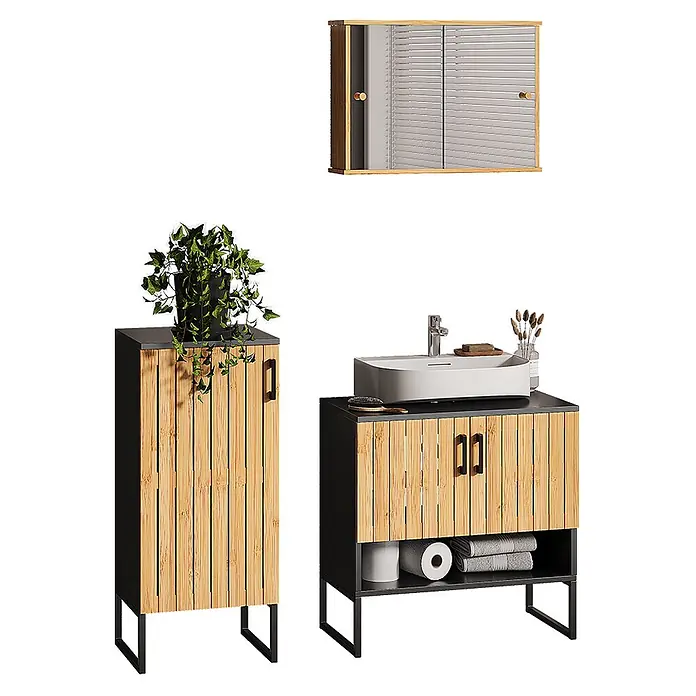 Vicco Badmöbel-Set Vayra Bambus 3 Teile - Bambus, Matt - Badezimmermöbelset mit Bambuslamellenfronten und dunklen Rahmen. Besteht aus Wandschrank, Hochschrank und Waschtischunterschrank mit Waschbecken.