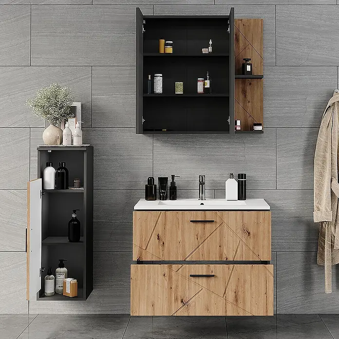 Vicco Badmöbel-Set Irma Anthrazit/Artisan 4 Teile - Anthrazit, Matt - Modernes Badezimmermöbel-Set aus hellem Holz, wandmontiertem Waschtischunterschrank, dunklem Spiegelschrank und passendem Hochschrank mit weißem Waschbecken.