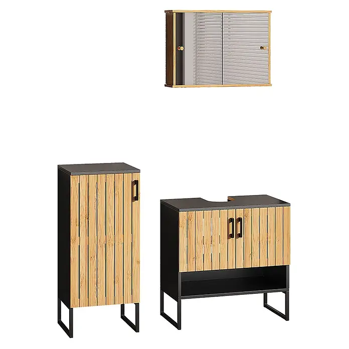 Vicco Badmöbel-Set Vayra Bambus 3 Teile - Bambus, Matt - Modernes Badmöbelset aus Bambus und Schwarz: Wandschrank mit Schiebetüren, Hochschrank und Waschtischunterschrank.