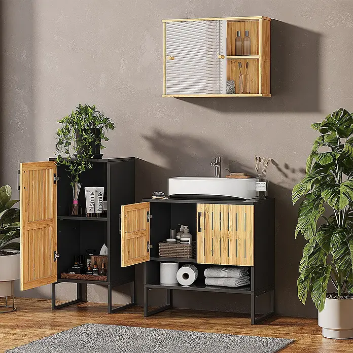Vicco Badmöbel-Set Vayra Bambus 3 Teile - Bambus, Matt - Moderne Badmöbel aus Schwarz und Bambus: Waschtisch mit Waschbecken, Hochschrank und Wandschrank zur Aufbewahrung.