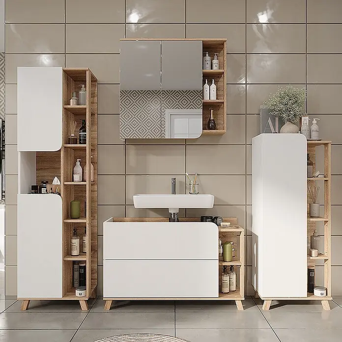 Vicco Badmöbel-Set Karen Sonoma/Weiß 4 Teile - Sonoma, Matt - Modernes Badezimmermöbelset in Weiß und Holzoptik mit Waschbecken, Spiegelschrank und Stauraum.