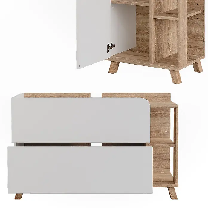 Vicco Badmöbel-Set Karen Sonoma/Weiß 4 Teile - Sonoma, Matt - Zweiteiliges hellholz-weißes Aufbewahrungsmöbel mit Schranktür, Schubladen und offenen Fächern.