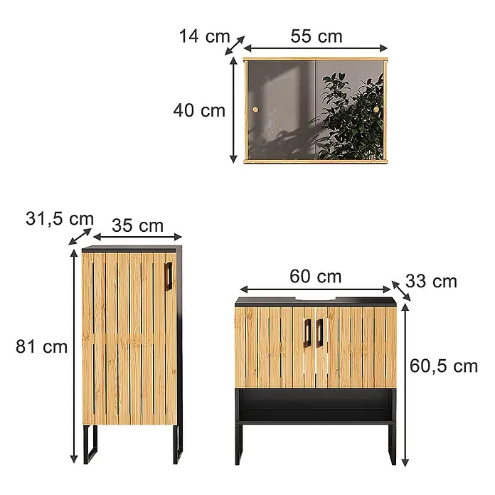 Vicco Badmöbel-Set Vayra Bambus 3 Teile - Bambus, Matt - Set aus drei Badezimmerschränken in Bambus-Optik: Spiegelschrank, Hochschrank und Waschtischunterschrank mit schwarzen Details.