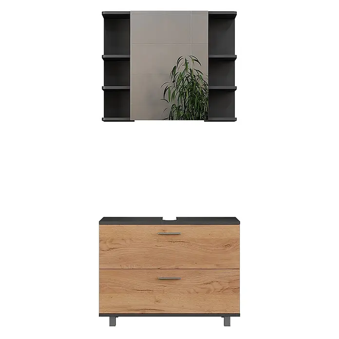 Vicco Badmöbel-Set Ilias Goldkraft Eiche/Anthrazit 2 Teile, Unterschrank 80 cm - Goldkraft Eiche, Matt - Badezimmer-Waschtischunterschrank-Set mit anthrazitfarbenem Spiegelschrank und Waschtischunterschrank in Eichenoptik. Mit offenen Regalen, Spiegeltür und zwei Schubladen.