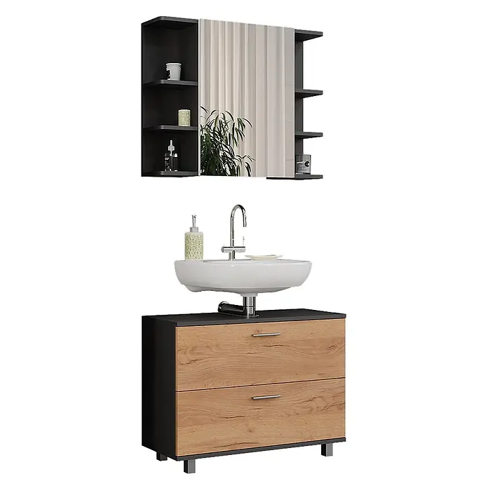 Vicco Badmöbel-Set Ilias Goldkraft Eiche/Anthrazit 2 Teile, Unterschrank 80 cm - Goldkraft Eiche, Matt - Schwarzer Badschrank mit hellen Holzschubladen, weißem Waschbecken und Spiegelschrank mit schwarzen Regalen.