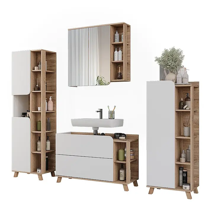 Vicco Badmöbel-Set Karen Sonoma/Weiß 4 Teile - Sonoma, Matt - Modernes Badezimmermöbel-Set aus hellem Holz und weißen Fronten, bestehend aus Waschtischunterschrank, zwei Hochschränken und Spiegelschrank.