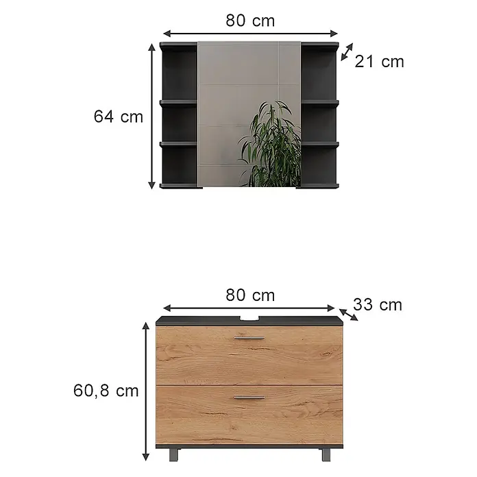 Vicco Badmöbel-Set Ilias Goldkraft Eiche/Anthrazit 2 Teile, Unterschrank 80 cm - Goldkraft Eiche, Matt - Modernes Badezimmerset: wandmontierter Spiegelschrank mit dunklen Regalen und eine Kommode in Eichenoptik mit zwei Schubladen.