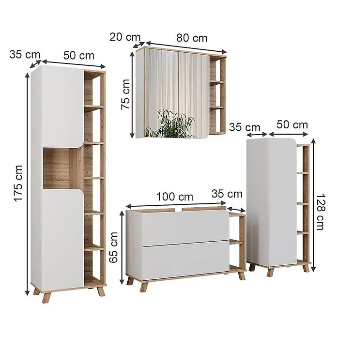 Vicco Badmöbel-Set Karen Sonoma/Weiß 4 Teile - Sonoma, Matt - Set modularer Möbel in Weiß und heller Holzoptik, bestehend aus Schränken, Kommode und Spiegelelement.