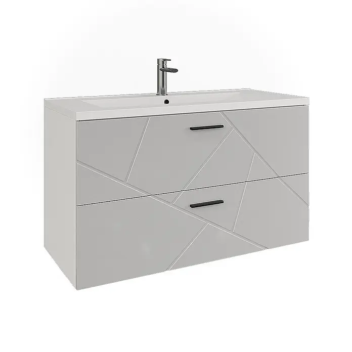 Vicco Badmöbel-Set Irma Weiß/Weiß Hochglanz 2 Teile - Weiß, Glänzend - Grauer Badezimmerschrank mit zwei Schubladen mit geometrischem Muster, weißem Waschbecken und Chromarmatur.