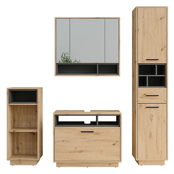 Vicco Badmöbel-Set Beatrice Artisan Eiche/Anthrazit Set 4 - Artisan-Eiche, Matt - Modernes Badmöbel-Set in heller Holzoptik mit dunkelgrauen Akzenten, bestehend aus Spiegelschrank, Waschtischunterschrank und Hochschrank.