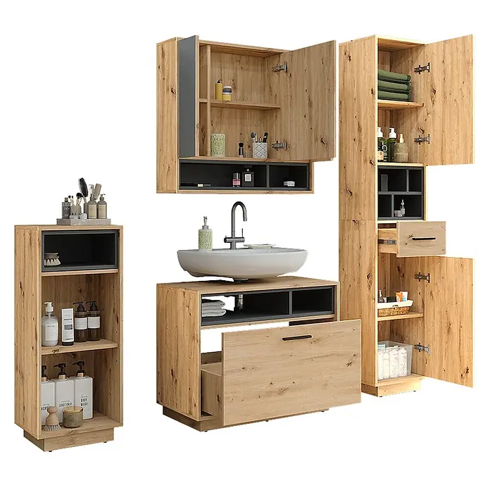Vicco Badmöbel-Set Beatrice Artisan Eiche/Anthrazit Set 4 - Artisan-Eiche, Matt - Modulares Badezimmermöbelset aus hellem Holz mit dunkelgrauen Akzenten, inkl. Waschtisch, Hänge- und Hochschränken.