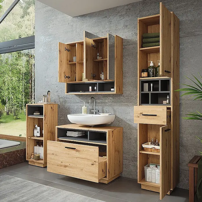 Vicco Badmöbel-Set Beatrice Artisan Eiche/Anthrazit Set 4 - Artisan-Eiche, Matt - Modernes Badezimmermöbelset aus hellem Holz mit dunkelgrauen Akzenten, bestehend aus Hochschränken und einem Waschtisch mit weißem Becken.