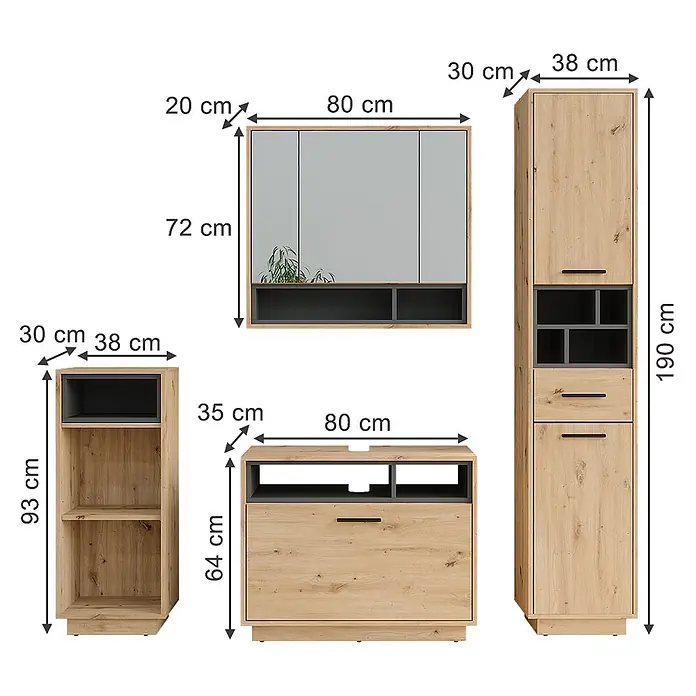 Vicco Badmöbel-Set Beatrice Artisan Eiche/Anthrazit Set 4 - Artisan-Eiche, Matt - Set aus vier Badschränken in heller Holzoptik mit dunkelgrauen Akzenten, inklusive Spiegelschrank, Hochschrank, Waschtischunterschrank und Beistellschrank.