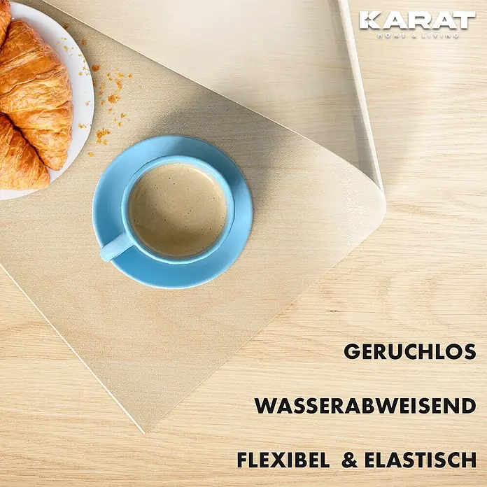 Karat Tischbelag Schräge Kante - 200 x 90 cm, Transparent (matt), Kunststoff - Transparente, flexible, wasserabweisende Schutzmatte auf Holztisch, genutzt beim Frühstück. Geruchlos und elastisch.
