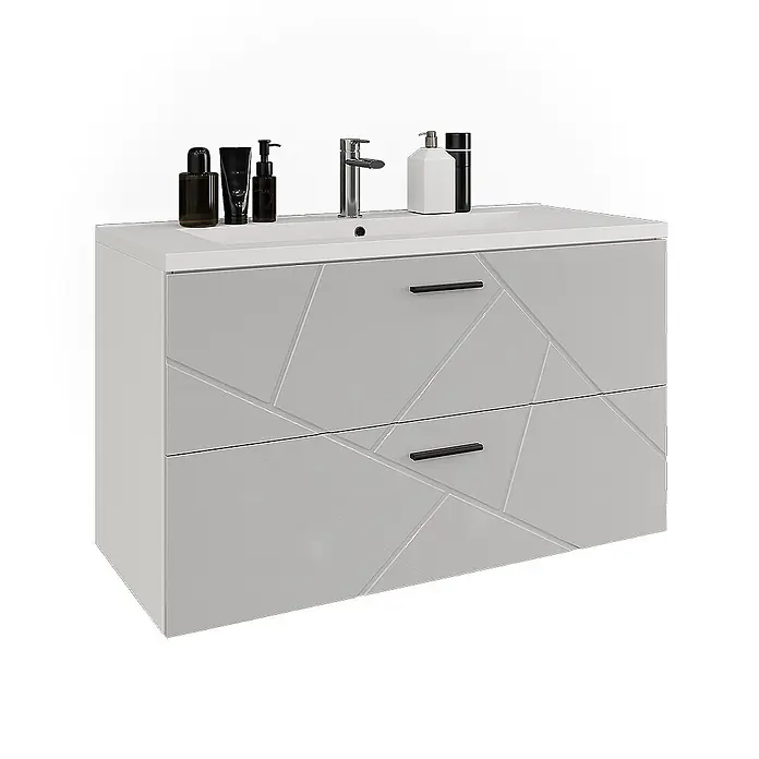 Vicco Badmöbel-Set Irma Weiß/Weiß Hochglanz 2 Teile - Weiß, Glänzend - Glänzender grauer Waschtischunterschrank mit geometrischem Muster, zwei Schubladen, schwarzen Griffen, weißem Waschbecken und Chromarmatur.