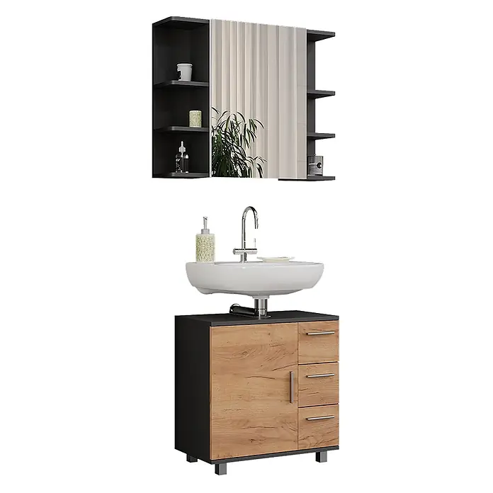 Vicco Badmöbel-Set Ilias Anthrazit/Goldkraft Eiche 2 Teile - Anthrazit, Matt - Badmöbel-Set: helles Holz und dunkelgrauer Schrank mit weißem Waschbecken, Chromarmatur und passendem Spiegelschrank mit offenen Regalen.