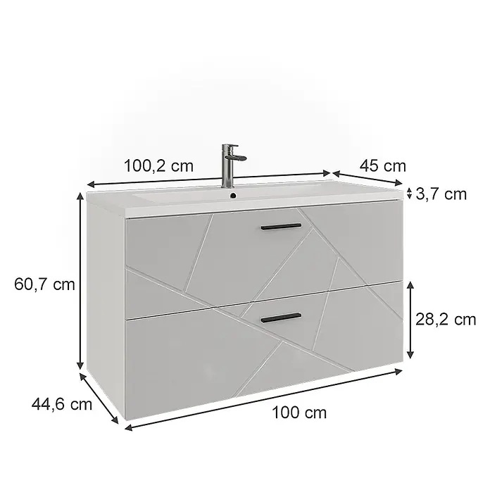 Vicco Badmöbel-Set Irma Weiß/Weiß Hochglanz 2 Teile - Weiß, Glänzend - Helle graue Wandwaschtisch mit zwei Schubladen mit geometrischen Mustern und integriertem weißem Waschbecken mit Chromarmatur.