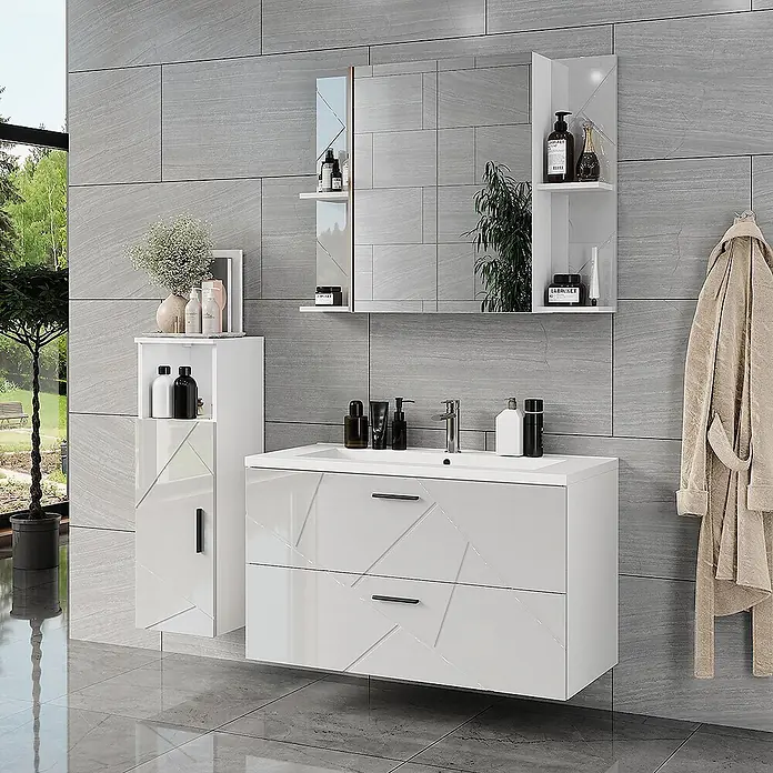 Vicco Badmöbel-Set Irma Weiß/Weiß Hochglanz 4 Teile - Weiß, Glänzend - Modernes weißes Hochglanz-Badmöbelset mit geometrischen Mustern, schwarzen Griffen, Waschtisch, Waschbecken, Hochschrank und Spiegel.