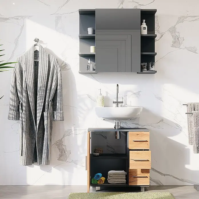 Vicco Badmöbel-Set Ilias Anthrazit/Goldkraft Eiche 2 Teile - Anthrazit, Matt - Stilvolles Badezimmermöbelset in Dunkelgrau und Holz mit Waschbecken und Spiegelschrank.