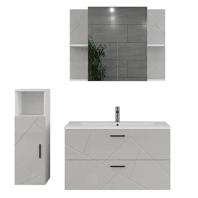 Vicco Badmöbel-Set Irma Weiß/Weiß Hochglanz 4 Teile - Weiß, Glänzend - Hellgraues Badmöbel mit geometrischem Muster, weißem Waschbecken, Hochschrank und Wandspiegel/Regal.