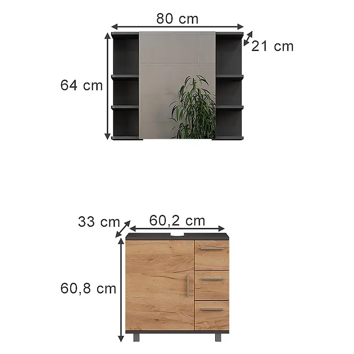 Vicco Badmöbel-Set Ilias Anthrazit/Goldkraft Eiche 2 Teile - Anthrazit, Matt - Graue Wandgarderobe mit Spiegel und Regalen, kombiniert mit einem braunen Holzschrank mit Tür und Schubladen.