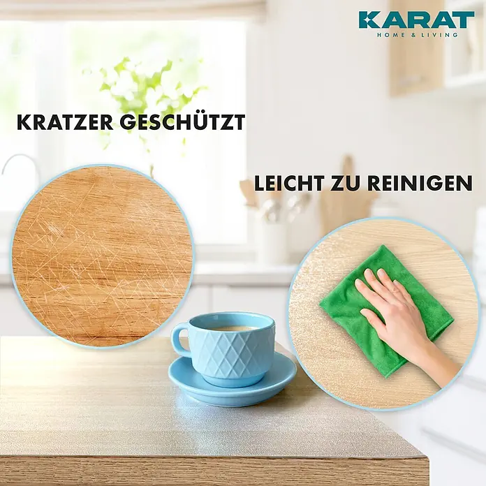 Karat Tischbelag Schräge Kante - 200 x 90 cm, Transparent (matt), Kunststoff - Transparente, strukturierte Schutzfolie auf Holztisch, zeigt Kratzschutz (verkratztes Holz) und einfache Reinigung (Hand wischt Folie ab).