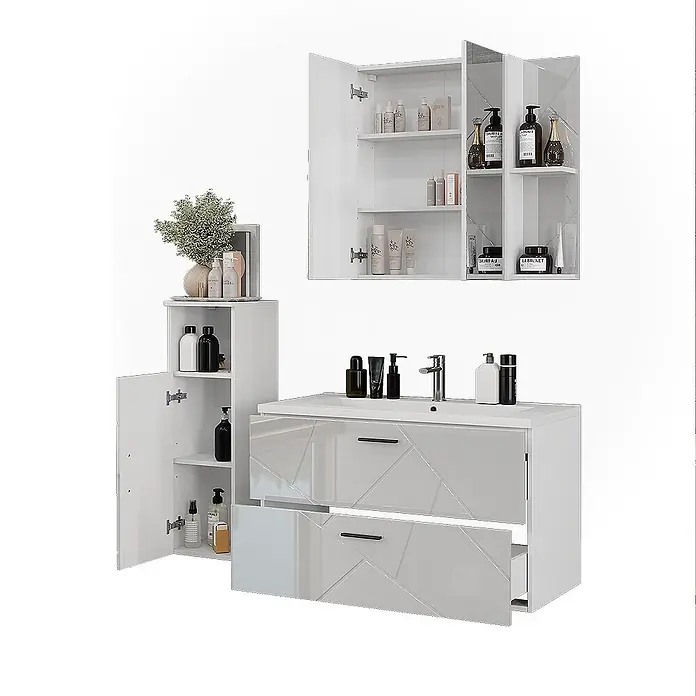 Vicco Badmöbel-Set Irma Weiß/Weiß Hochglanz 4 Teile - Weiß, Glänzend - Weißes Hochglanz-Badmöbelset: Waschtisch mit Waschbecken und geometrischen Schubladen, Wandschrank, hoher Seitenschrank.