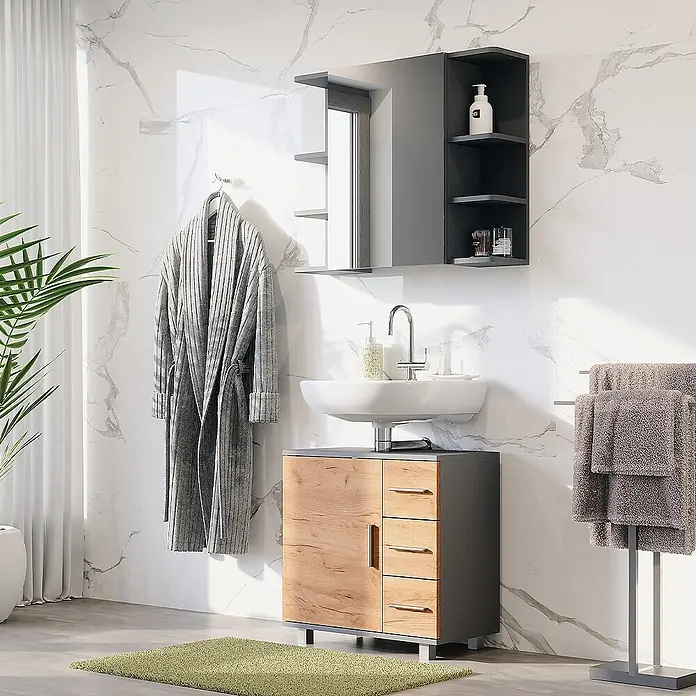 Vicco Badmöbel-Set Ilias Anthrazit/Goldkraft Eiche 2 Teile - Anthrazit, Matt - Moderner Badezimmerschrank in Holz und Grau, mit passendem grauem Spiegelschrank und offenen Regalen.