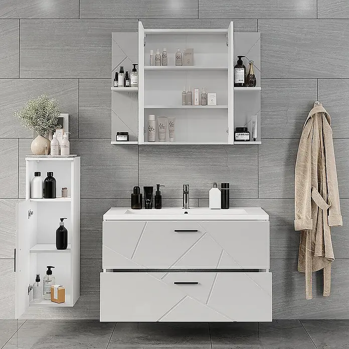 Vicco Badmöbel-Set Irma Weiß/Weiß Hochglanz 4 Teile - Weiß, Glänzend - Moderner weißer Badschrank mit geometrischen Fronten, passendem Wandschrank und Spiegelschrank.