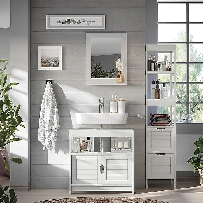 Vicco Badmöbel-Set Vilda Weiß 3 Teile - Weiß, Matt - Weißer Badunterschrank mit Lamellentüren, Waschbecken und passendem Hochschrank.