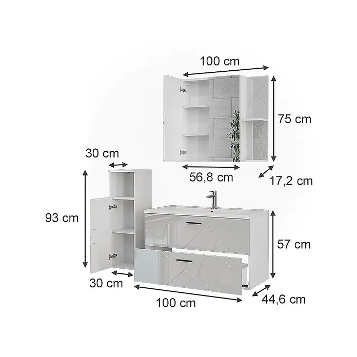 Vicco Badmöbel-Set Irma Weiß/Weiß Hochglanz 4 Teile - Weiß, Glänzend - Weißes, glänzendes Badezimmerset mit Waschbecken, Spiegelschrank und hohem Schrank, modernem geometrischen Design.