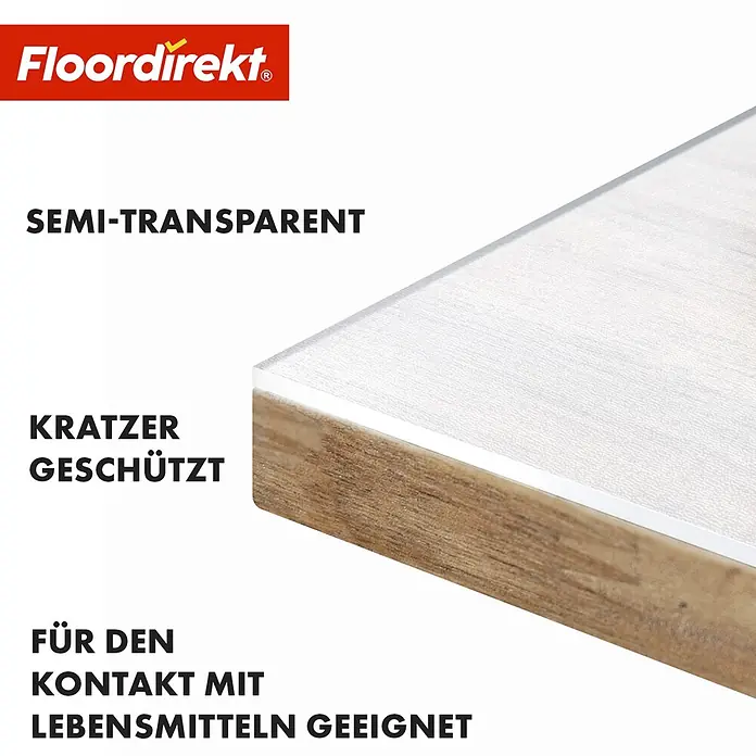 Floordirekt Tischbelag Gerade Kante - 200 x 90 cm, Milchig, Kunststoff - Semistransparente, kratzgeschützte Matte, lebensmittelecht, auf Holzuntergrund.