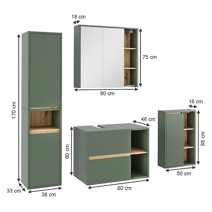 Vicco Badmöbel-Set Viola Grün/Artisan 4 Teile - Grün, Matt - Grünes Badezimmermöbelset mit Holzdetails, bestehend aus mehreren Schränken und einem Spiegelschrank.