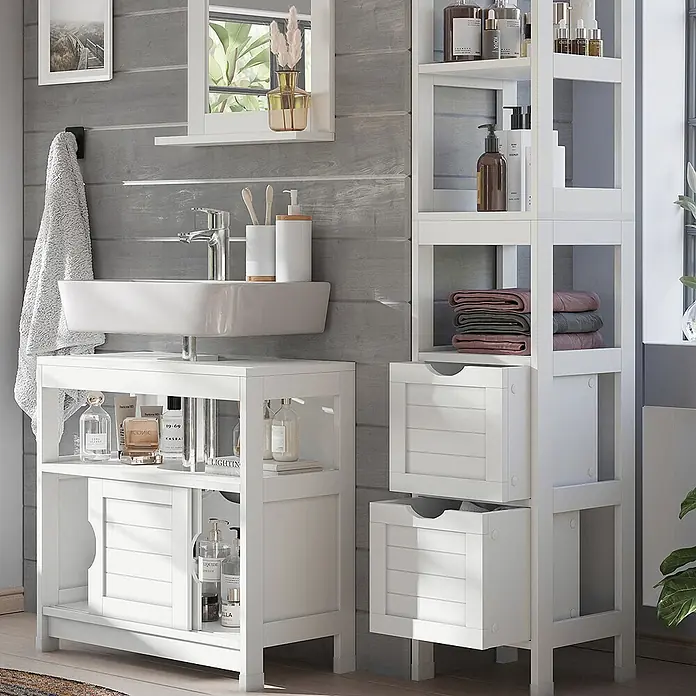 Vicco Badmöbel-Set Vilda Weiß 3 Teile - Weiß, Matt - Weißer Badunterschrank mit Waschbecken und hohes Regal mit Schubladen.